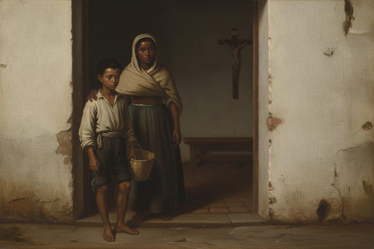 A dark-skinned boy of about ten in a coarse white shirt, dark breeches and a sash stands barefoot in an adobe doorway holding an empty marketing basket, his mother in a headcloth and shawl behind him with a hand on his shoulder, a small wooden crucifix on the whitewashed wall of the room beyond.
