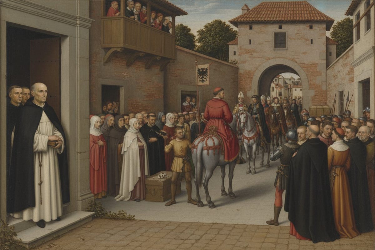 A walled town gate through which a long mounted column rides, led by a rider in crimson on a grey horse under a black double-headed eagle banner, with mitred bishops, armoured knights and pack animals behind him and townspeople pressed back against the houses; at the left, on the steps of a convent doorway, a small tonsured friar in a white habit and black cloak stands holding a closed book, two friars behind him.