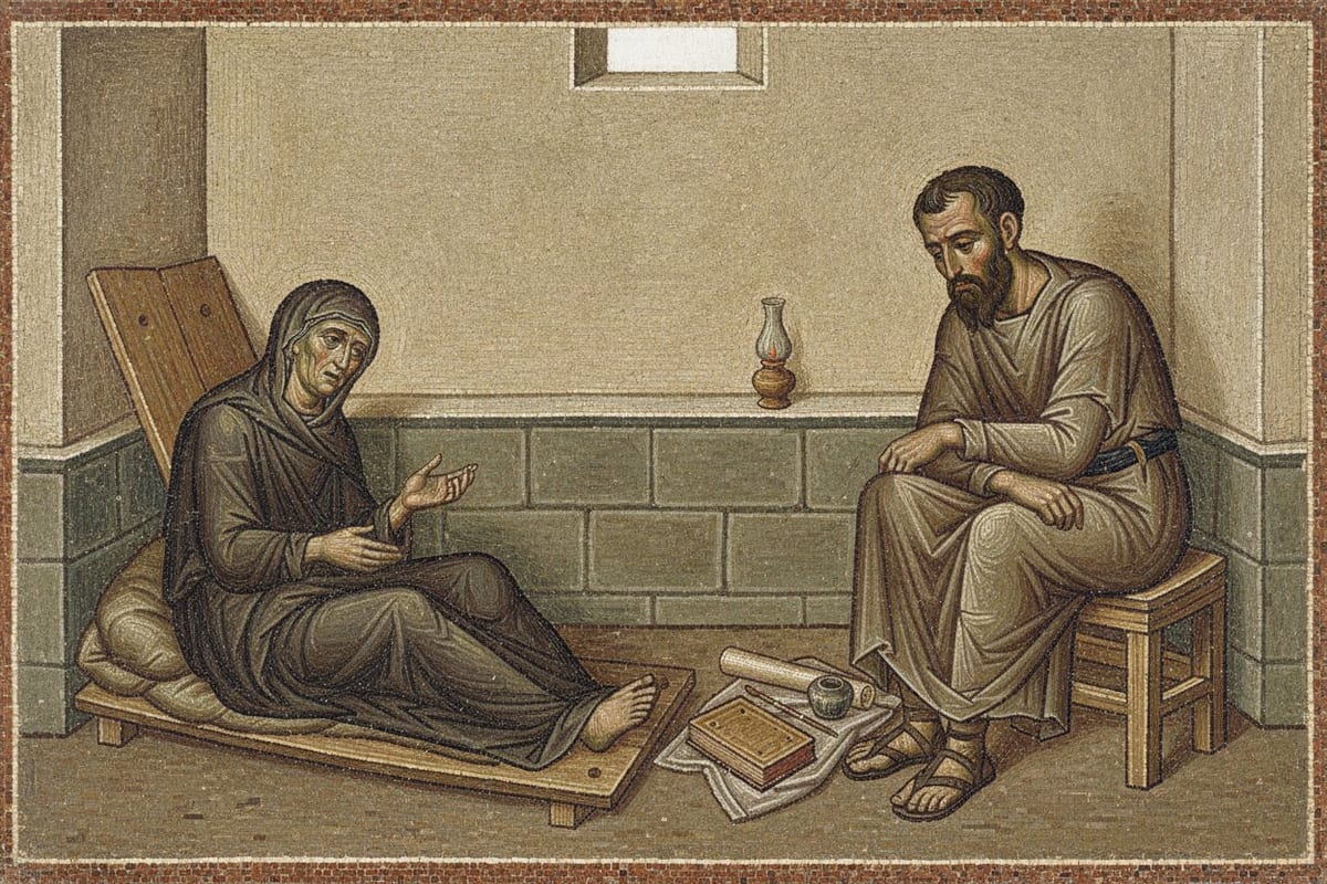 A mosaic of a gravely ill woman in plain dark wool, her head covered, propped on a board on the floor of a bare plastered room and speaking with a raised hand to a bearded man in a plain tunic who sits listening on a low stool, with a codex, a papyrus roll and an inkhorn on the floor between them.