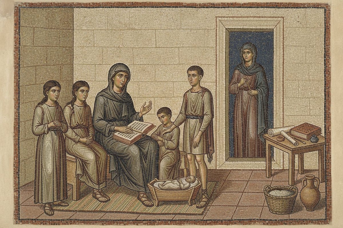 A Byzantine-style mosaic of a young woman seated on a bench with an open book on her knees, one hand raised as she speaks to four children gathered around her, a baby asleep in a wooden cradle at her feet and a woman with a spindle watching from a doorway.