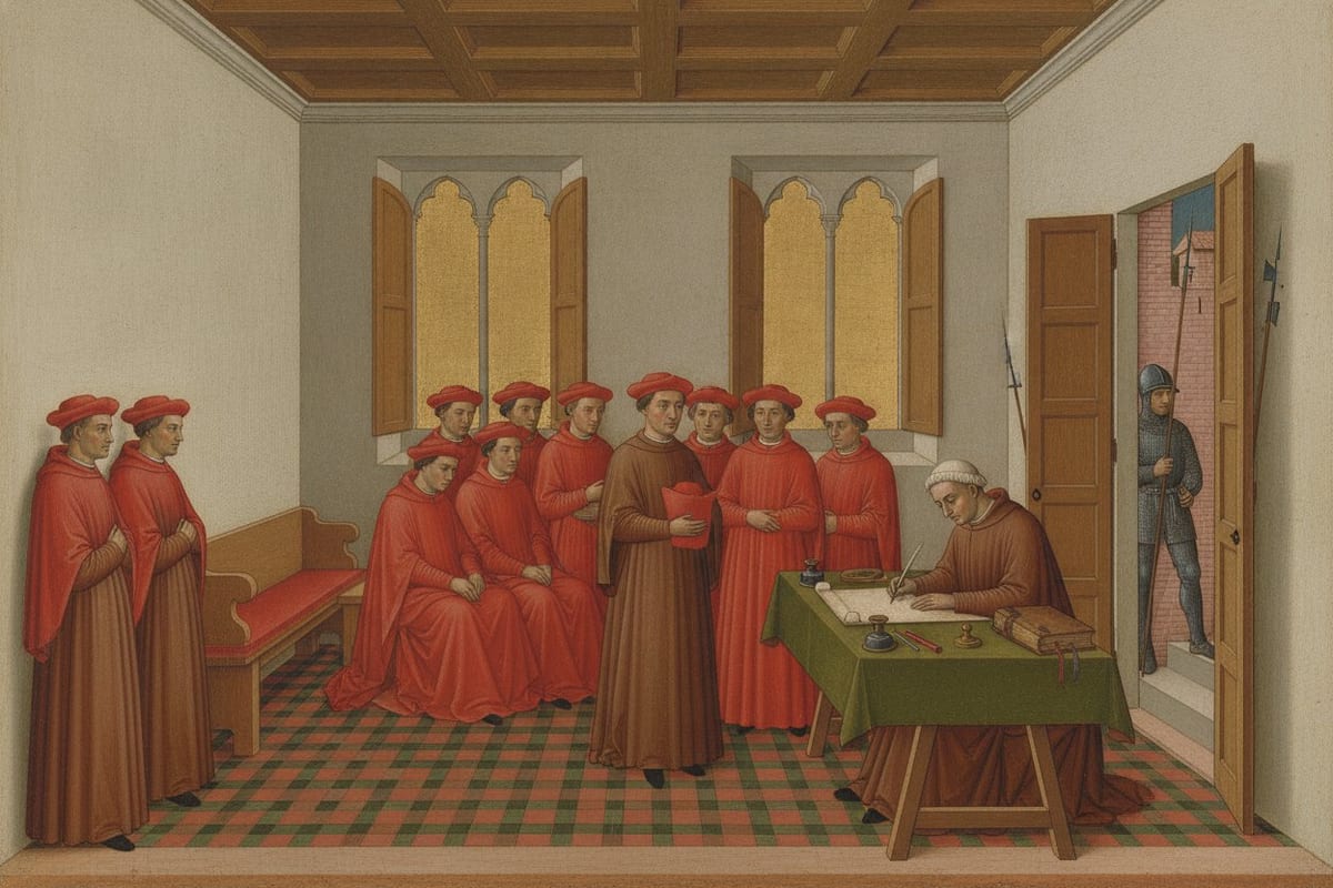 A small painted panel of a plain vaulted hall: churchmen in scarlet mantles and red caps stand and sit together at the centre and left, two apart by the wall, while a notary in brown writes on a sheet of parchment at a green-covered trestle table and a guard in mail stands at the open door.
