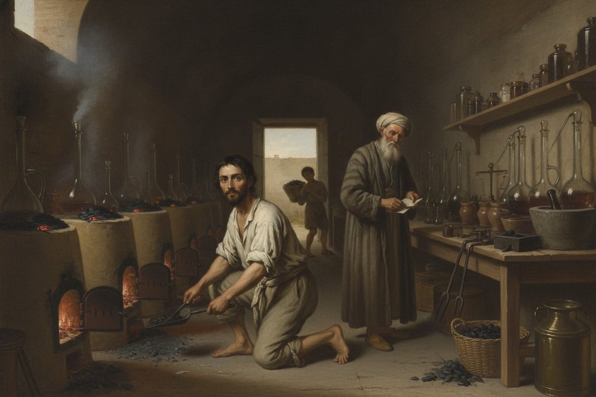 In a dim vaulted workshop a barefoot young man in a coarse linen shirt and drawers kneels at a row of small glowing furnaces, shovelling charcoal, while an old turbaned apothecary stands watching beside a bench of glass stills and a boy carries in a basket of charcoal from the sunlit yard door.