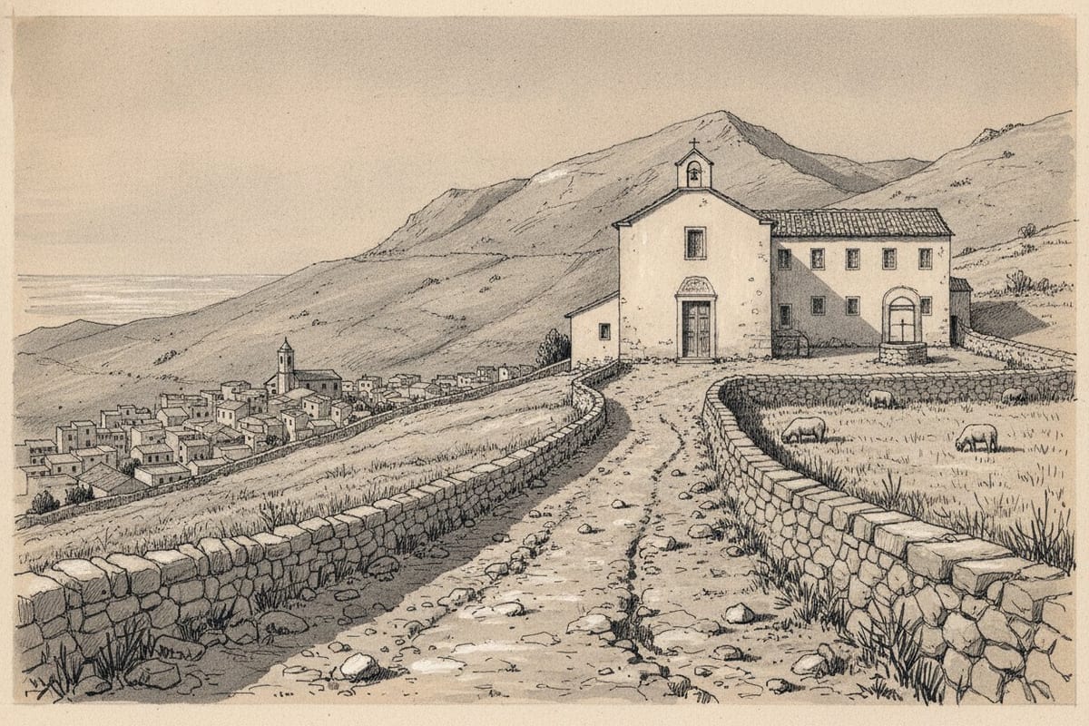 An ink-and-wash drawing of a stony mule track running up between dry-stone walls to a small whitewashed church with a bell over its door and a two-storey convent block beside it, with a hill town below and bare mountains behind; sheep graze by a wall and no person appears in it.