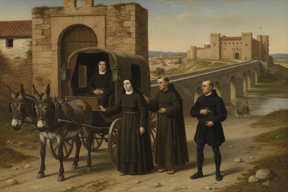 An old nun in the dark brown habit and black veil of the Discalced Carmelites sits back inside a covered mule carriage halted on a dusty road at a town gate, a younger nun and a friar standing beside the carriage and a bare-headed servant in black holding his hat; behind them a long stone bridge over a low river and a walled castle above the town in failing evening light.