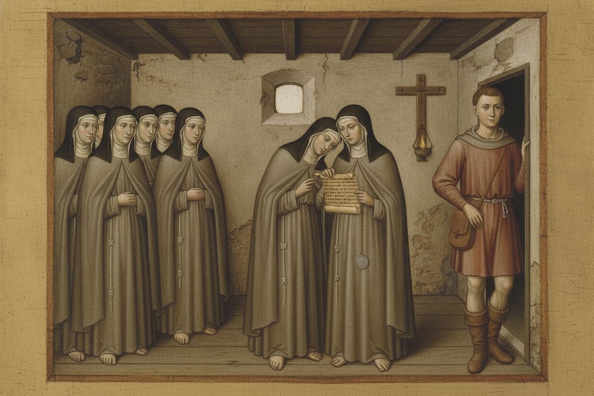 A painted panel of a bare stone room: a veiled woman in a coarse grey-brown habit holds an opened sheet of parchment with a round lead seal hanging from a cord, a sister leans in to read it with her, six more barefoot sisters stand in a row against the wall, an oil lamp burns on a bracket beneath a plain wooden cross, and a booted courier in a russet tunic waits in the doorway.