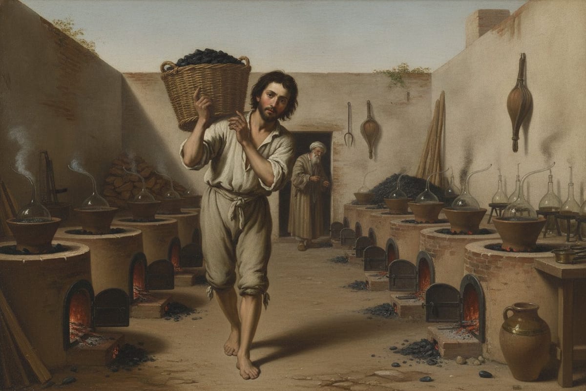 A barefoot young man in a coarse linen shirt and knee-length drawers carries a wicker basket of charcoal on his shoulder down a path between two rows of small lit furnaces in a sunlit walled yard, while an old turbaned man watches from a doorway at the far end.