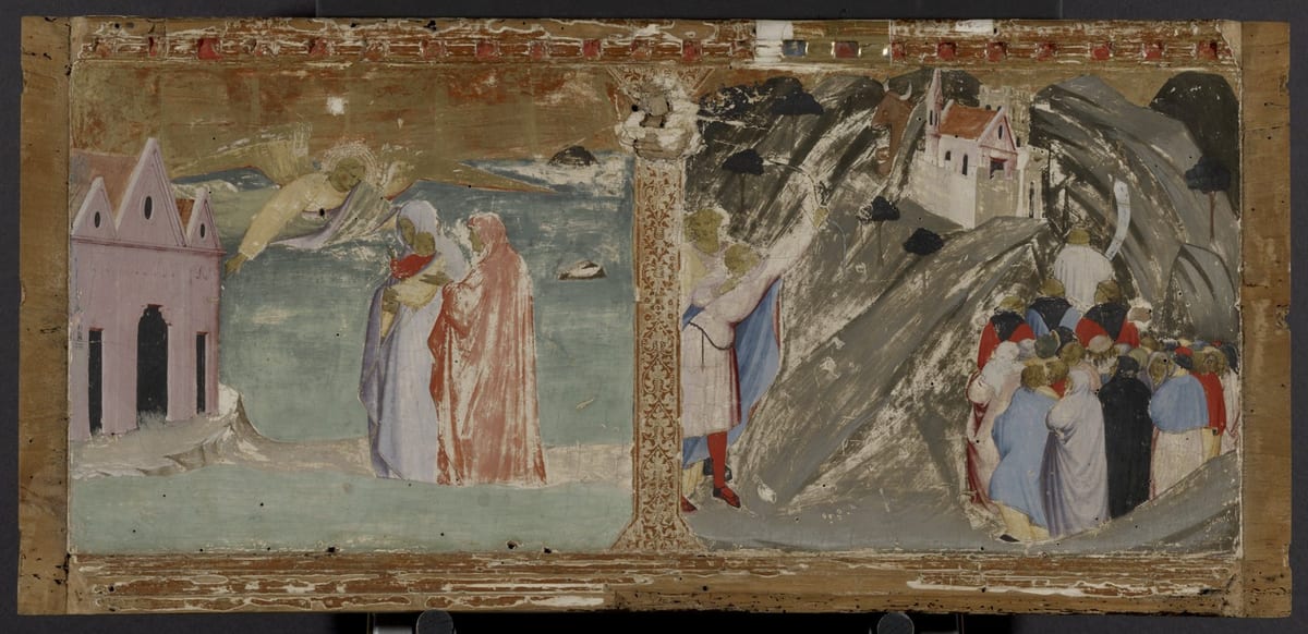 A predella panel showing a winged St. Michael the Archangel hovering over the sea beside a mother and child at a pink church, and, in a second scene, a bull on a rocky mountainside above a crowd of pilgrims climbing toward a hilltop church.