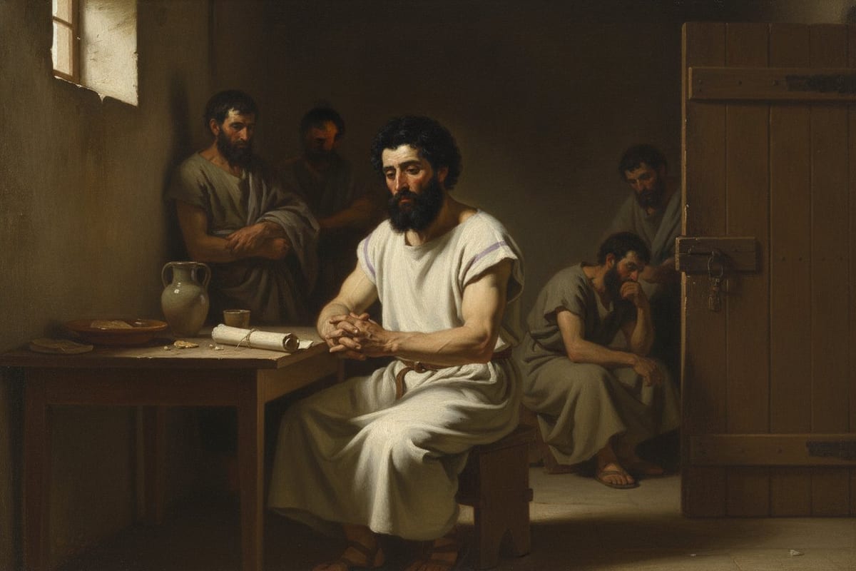 An oil painting of a dark room: a bearded man in a white tunic with a purple stripe sits at a cleared table with a rolled scroll, hands loosely joined, while four other men in plain tunics wait in the shadows near a barred door.