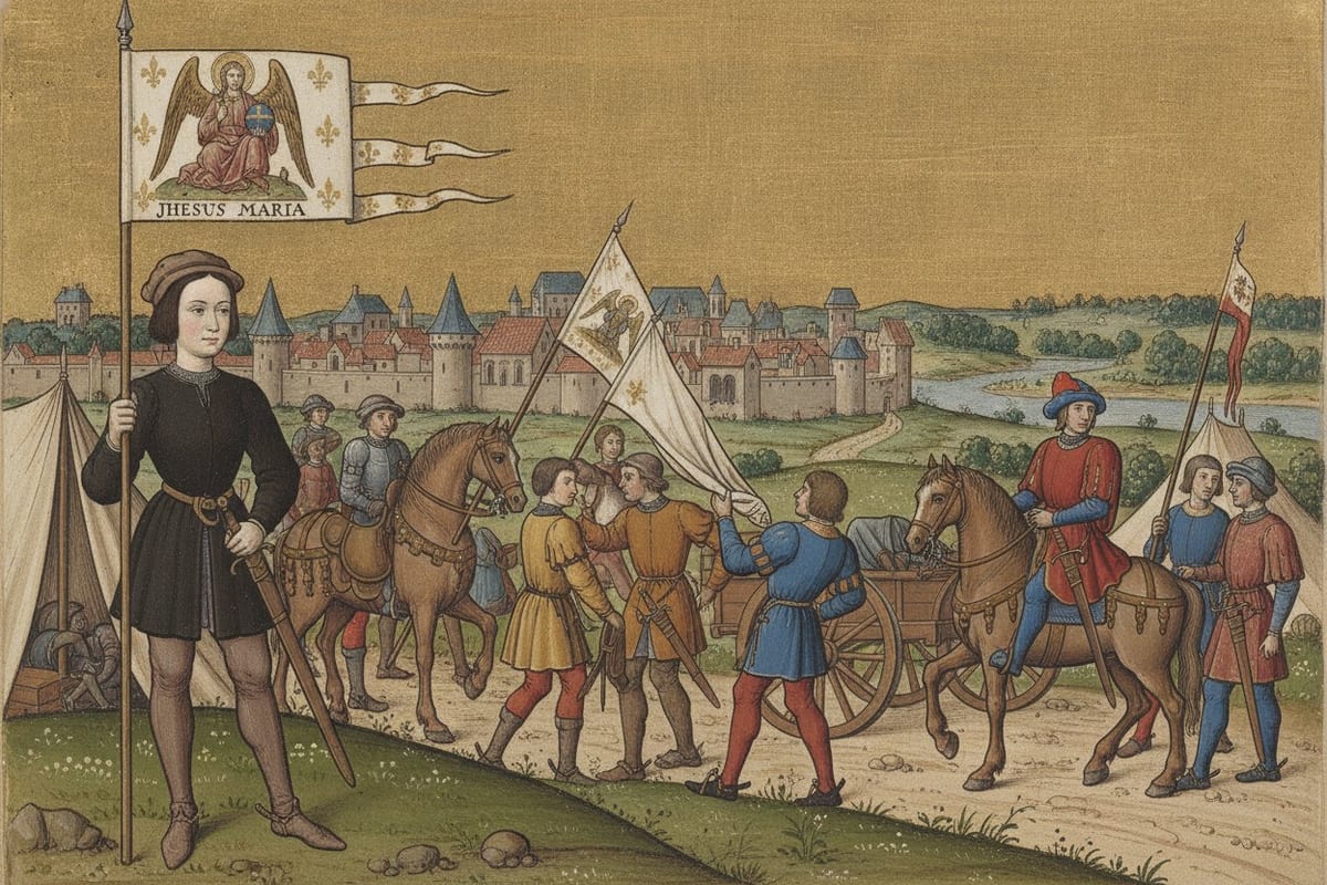 A manuscript illumination of St. Joan of Arc, short-haired and in a dark doublet and hose, standing on the grass at the left and holding a tall white banner lettered JHESUS MARIA, while behind her men lead horses away, furl a banner, load a cart and strike tents outside a walled town on a river.