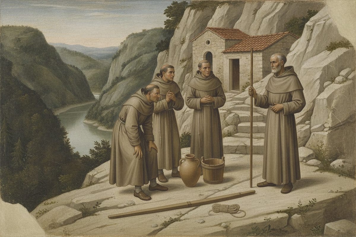 On a bare limestone crag above a wooded river gorge, three tonsured monks in coarse dun wool stand over two earthenware water jars and a wooden bucket set down on the rock, facing an elderly grey-bearded St. Benedict who listens with a plain wooden staff in his hand, a small stone monastery building with a tiled roof behind them.