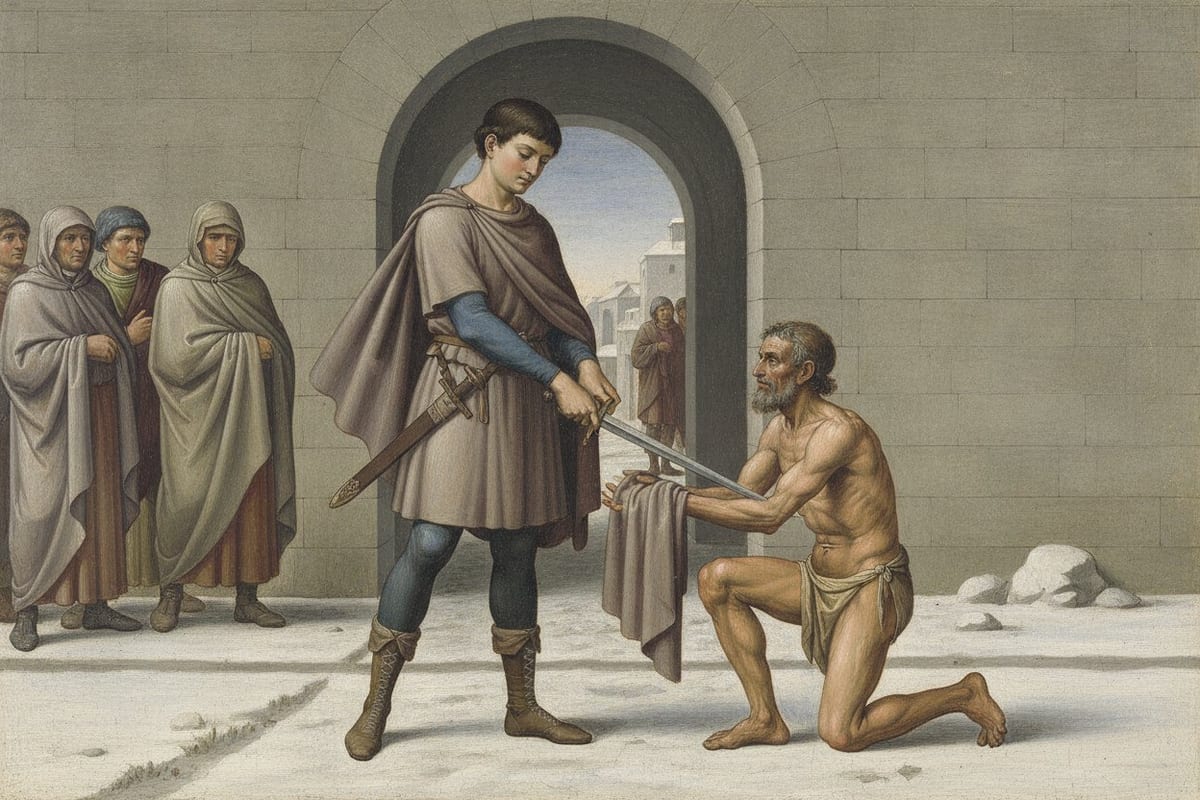 A young soldier in a belted tunic and heavy wool cloak stands in the snow at an arched stone gate, cutting his cloak in two with his sword while a half-naked kneeling man takes one half from him and townspeople in hooded cloaks look on.