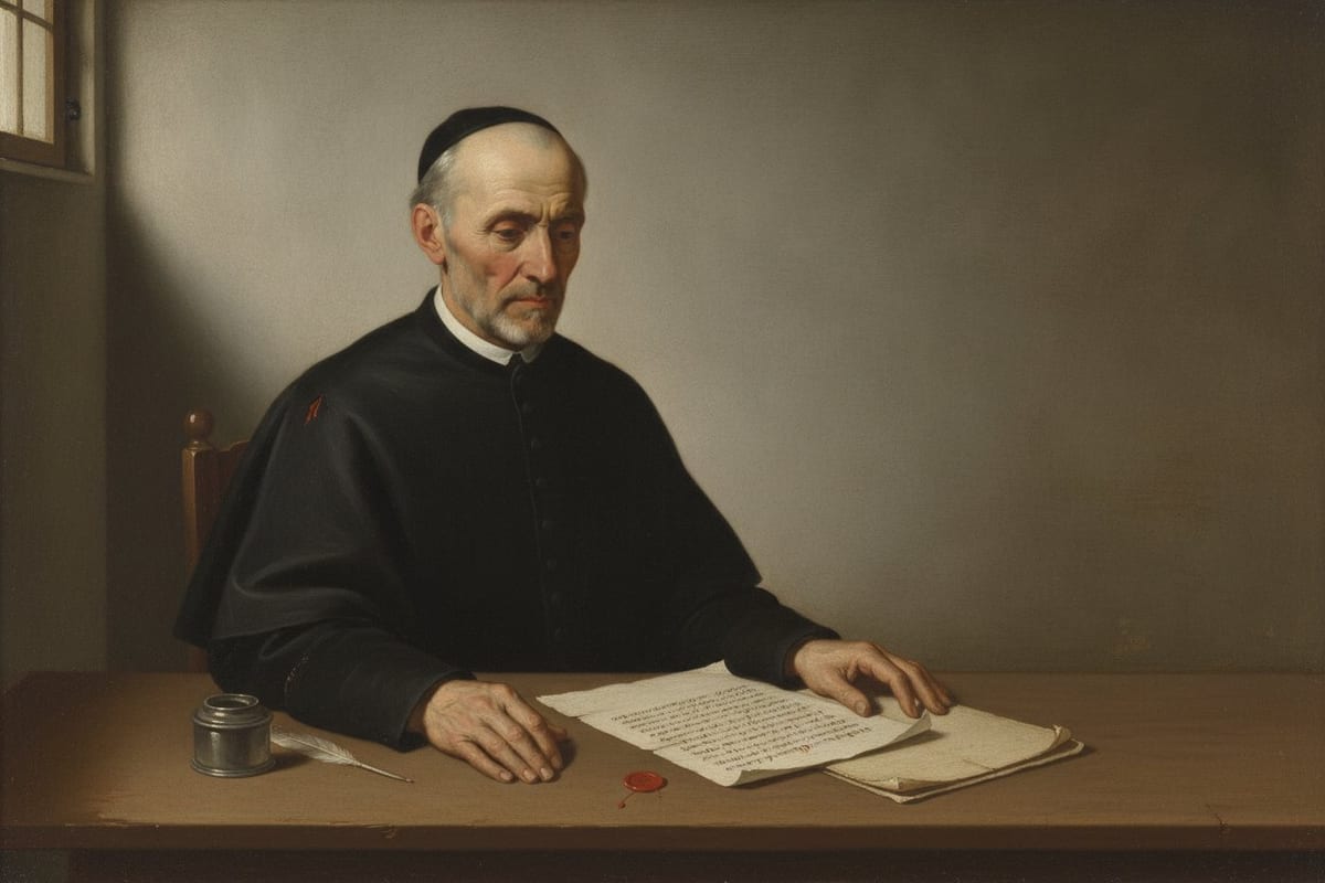 An old priest in a black soutane, white collar and black skullcap sits at a plain wooden table in a bare grey room and looks down at a sheet of handwritten parchment with a red wax seal; an inkstand and a quill lie to one side.