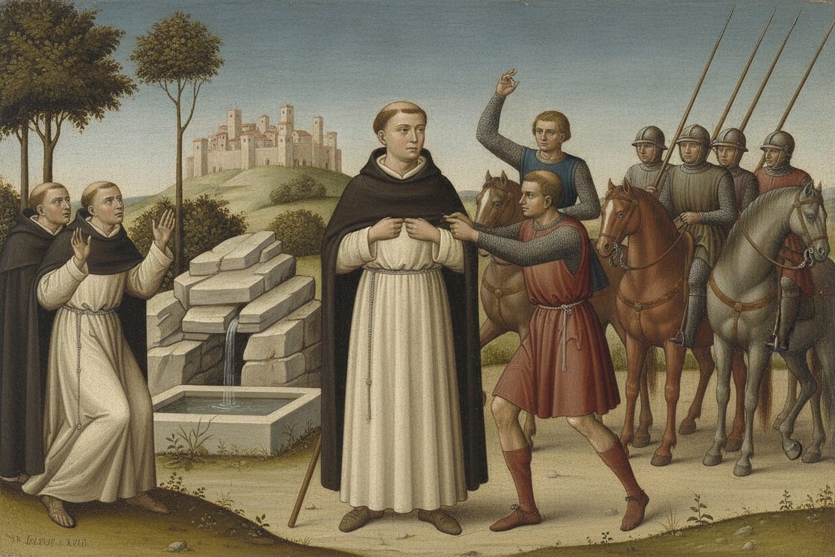 A painting in the style of an early Italian panel. On a country road beside a stone spring, a young tonsured friar in a white habit and dark cloak stands still and holds his habit closed while a man in mail and a red surcoat pulls at it. Two friars draw back on the left, mounted soldiers with lances wait on the right, and a walled hill town stands behind.