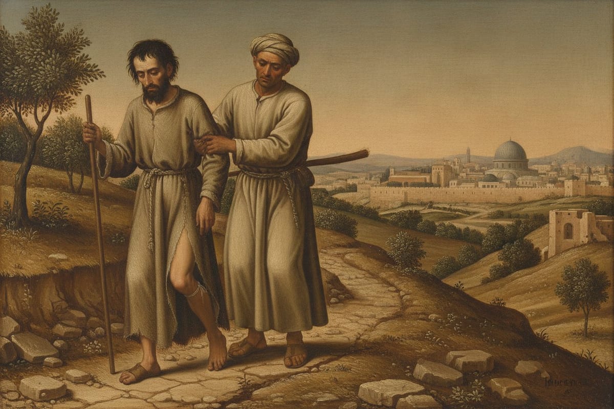 A painting of a gaunt, dark-bearded pilgrim in a coarse rope-belted robe, with a staff, one sandal and one bare foot, being led down a stony hillside path by a man in a turban and long robe who holds his arm, with the walled city of Jerusalem and a grey dome on the ridge beyond.