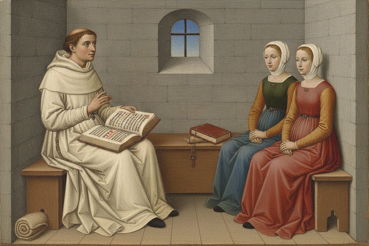 A painting in the manner of an early Italian panel of a tonsured young friar in a white habit sitting on a bench in a bare stone room with a small barred window, a large open manuscript on his knees, one hand raised as he speaks to two young women in long red, green and blue gowns and white head-linen who sit facing him with their hands folded.
