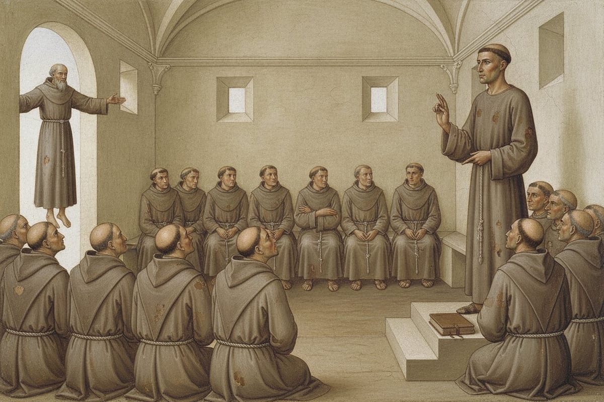 A fresco-style painting of a chapter room with a stone vault: a young beardless friar in a grey-brown habit stands on a low wooden platform with one hand raised in speech and a closed clasped book at his feet, while friars sit packed on benches and on the floor, several turning towards an older bearded friar who stands in the arched doorway with his feet off the ground and his arms stretched wide.