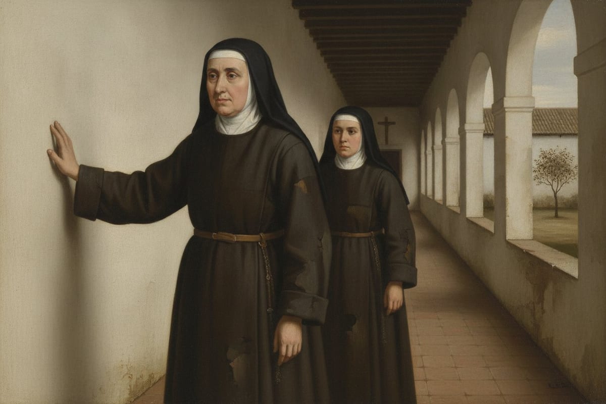 An oil painting of an elderly nun in a worn brown-black Carmelite habit, white coif and black veil, walking slowly down a whitewashed cloister walk with one hand on the wall, a younger nun in the same habit following a step behind and watching her.