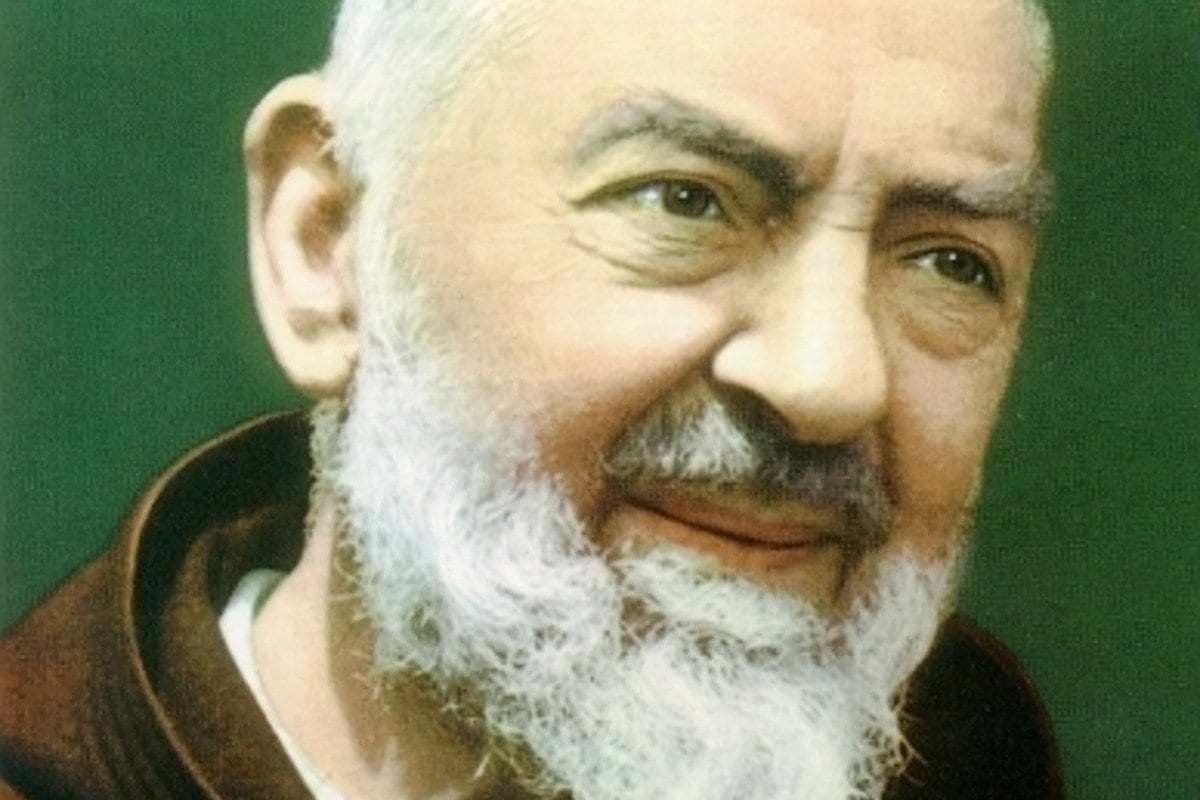 A close portrait of an elderly, bearded Capuchin friar in a brown habit, looking off to the side against a plain green background.