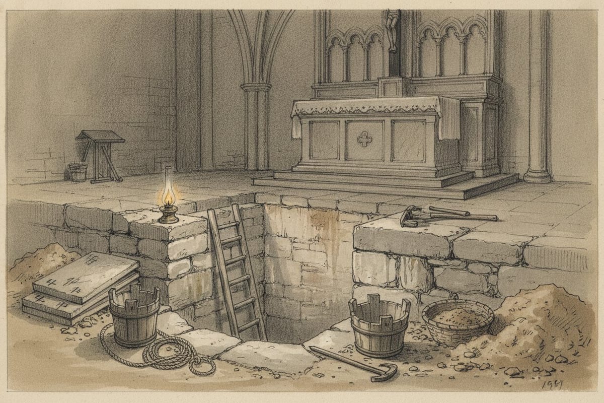 An ink and wash drawing of a narrow shaft cut down through the stone floor in front of a church's high altar, with a ladder in the opening, lifted pavement slabs chalked with numbers, buckets, a coil of rope, a pick and a crowbar around its mouth, and a single lit oil lamp on the kerb; no person appears in it.