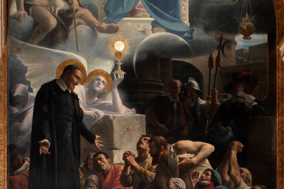 A priest in a black cassock extends his hand toward a crowd of poor men and chained galley convicts gathered at his feet, while an angel beside him holds up a monstrance with the Eucharist, and the Virgin and Child look down from clouds above.