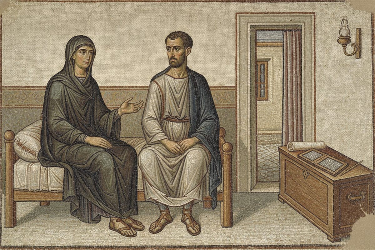 A Byzantine-style mosaic of a bedchamber: a widow in a dark palla drawn over her head sits on the edge of a low wooden bed, one hand raised as she speaks, beside a young man in a white tunic and dark cloak who sits listening with his hands on his knees; a wooden chest at the right holds a papyrus roll and two wax tablets, and a curtained doorway opens on a courtyard behind.