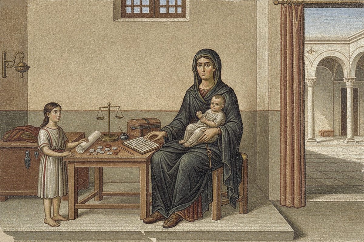 A Byzantine-style mosaic of a young widow in a dark tunic and head-covering seated at a low table with coins, a balance, a strongbox and writing tablets, an infant on her lap and a girl standing at the table's edge, a colonnaded courtyard beyond the doorway.