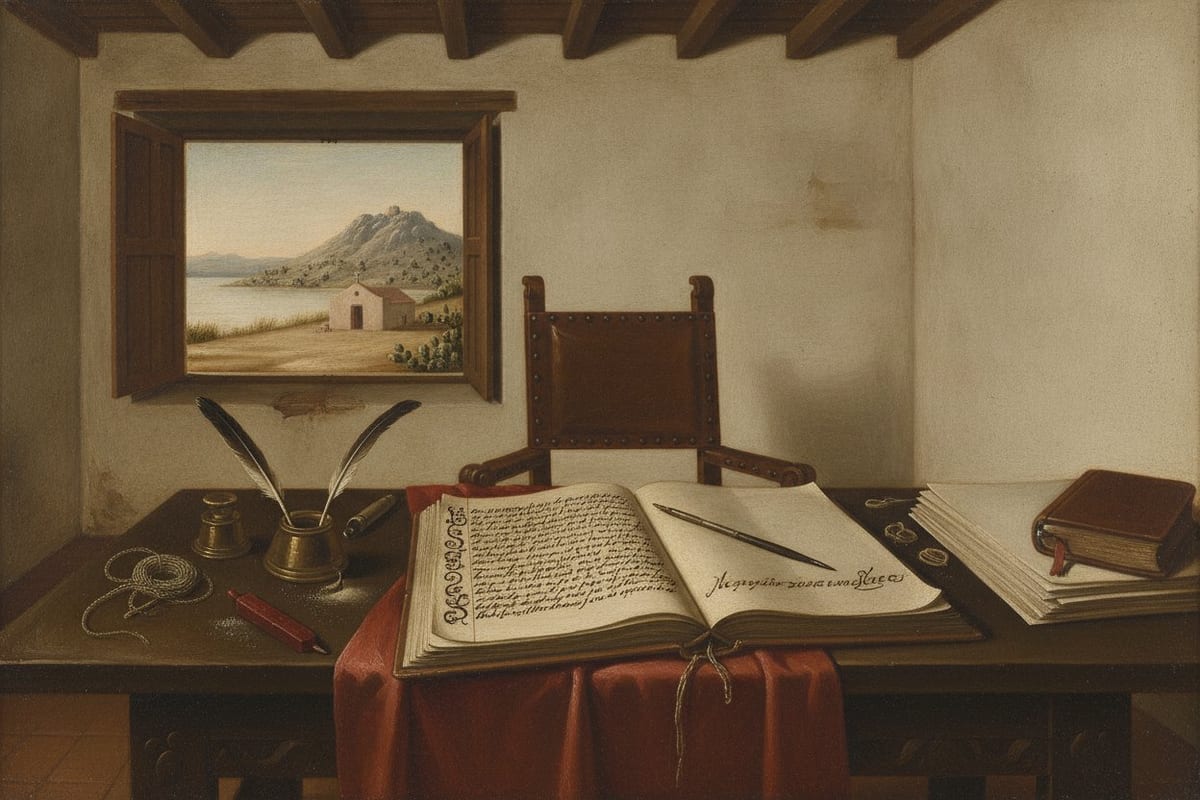An oil painting of a dark carved Spanish table in a whitewashed room: a thick handwritten volume lies open on a red cloth, its left leaf covered in close brown ink and its right leaf blank but for one short line in a larger, hastier hand; quills, an inkwell, a sand caster, a stick of red sealing wax, a stack of folios and a leather-bound book lie about it, an empty leather chair stands behind, and through a shuttered window beyond are a lake, a plain, a bare hill and a small white chapel at its foot. No person appears in it.
