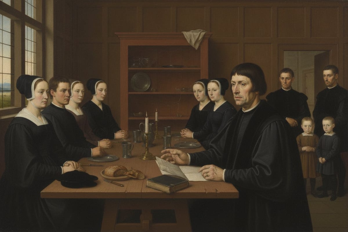 A painted interior of a panelled Tudor hall: a grave, clean-shaven man in a plain black gown sits at the head of a long oak table strewn with coarse bread, pewter dishes and a book, speaking to a silent family of men and women in dark gowns and hoods, with two small children standing near a doorway and a leaded window on the left.