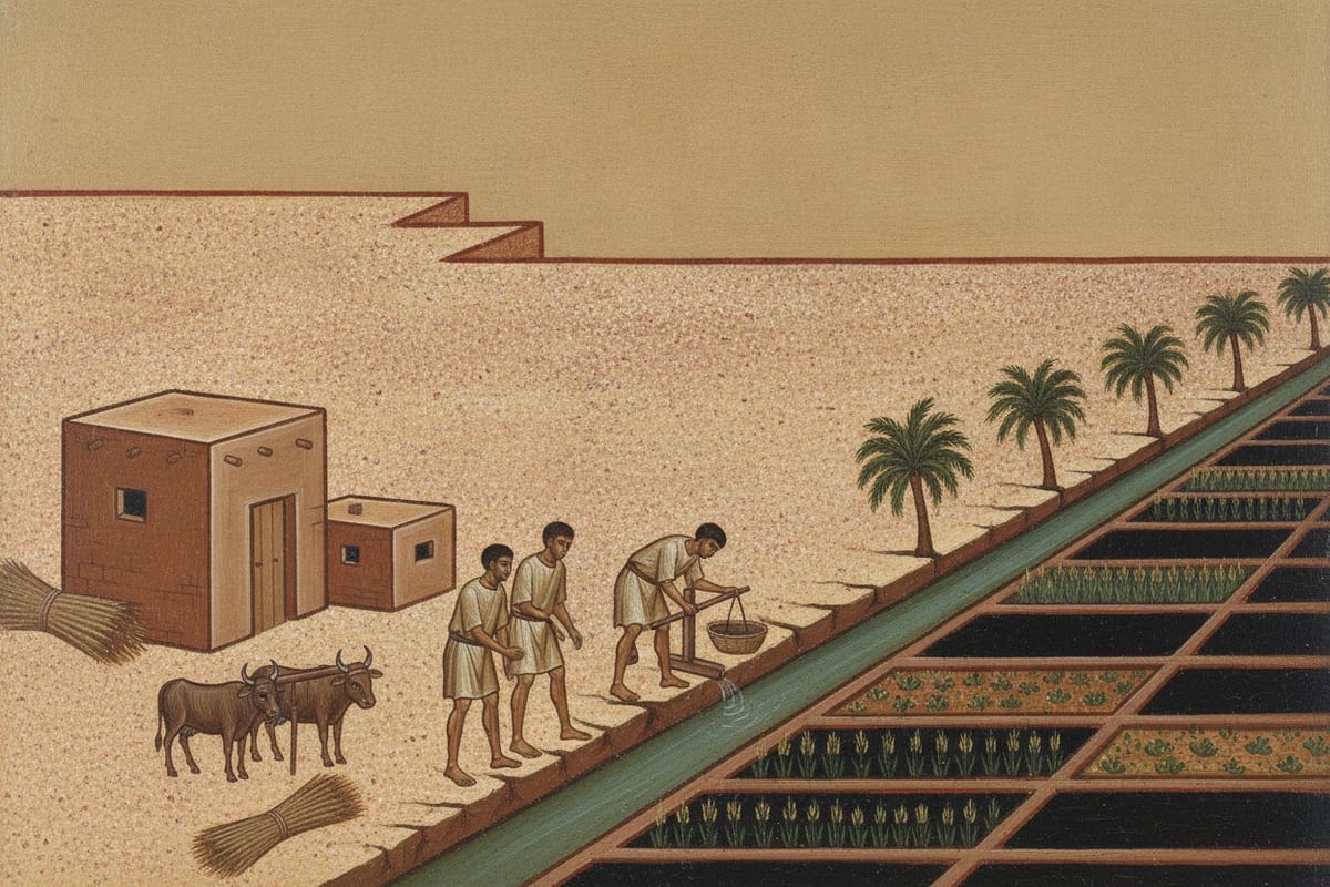 A painted icon panel of an Egyptian village: a straight canal of green water running between pale desert gravel and black tilled fields planted with grain and herbs, date palms along the far bank, three barefoot villagers in undyed linen tunics working a water-lift, a yoke of oxen and a stack of cut reed, and a flat-roofed mud-brick house with its plank door closed.