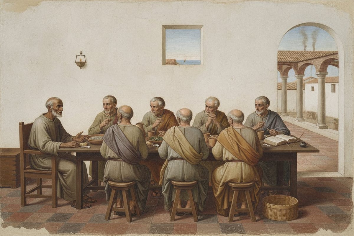 A thin white-haired old man in a plain tunic sits in a wooden armchair at the head of a long table, speaking to seven older men in tunics and cloaks who have stopped eating a sparse meal of lentils, herbs and bread to listen; an open codex, a reed pen and an inkwell lie at the far end, and beyond a window and an arched doorway are sunlit roofs, the sea and two columns of smoke.