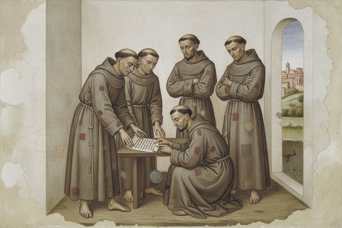 Five barefoot friars in patched grey-brown habits tied with knotted ropes stand and crouch around a small table in a bare white room, reading an opened sheet of parchment with a round lead seal hanging from it, an arched opening on the right showing a hill town and green country.