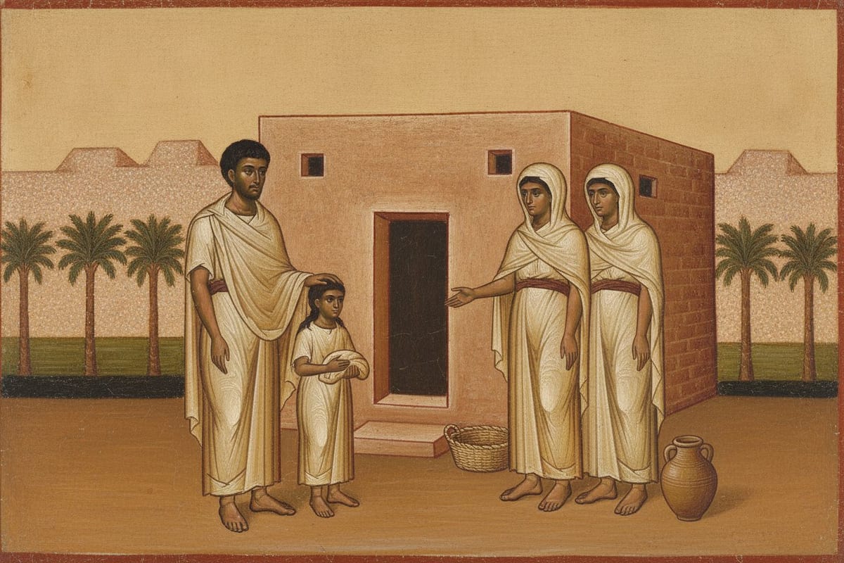 An icon panel: a young bearded man in a plain undyed tunic and mantle stands with his hand on a small girl's head outside a mud-brick house, while two veiled women in linen reach out to receive her, with date palms and the desert edge behind.