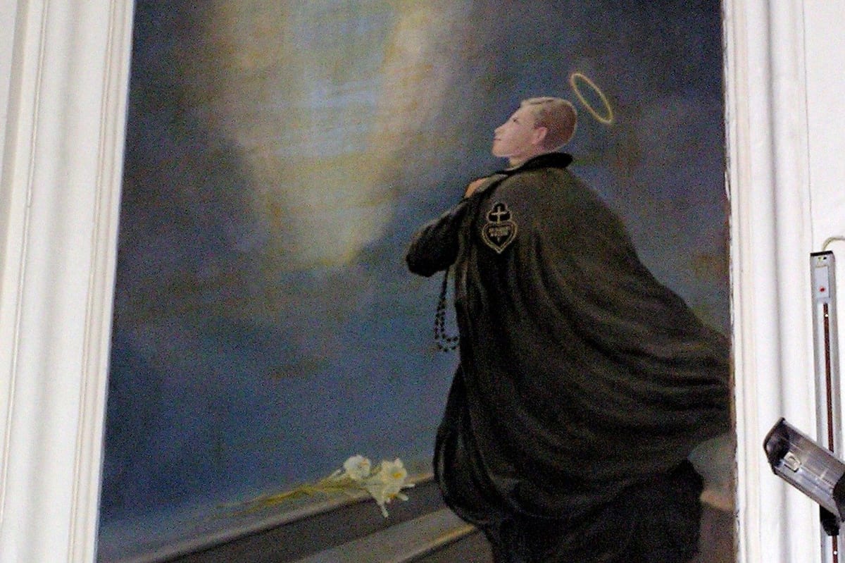 A young Passionist in a black cape with a heart-shaped badge kneels with a rosary, a halo above his head, gazing up into a golden glow in a dark blue sky, with white lilies on a step beside him.
