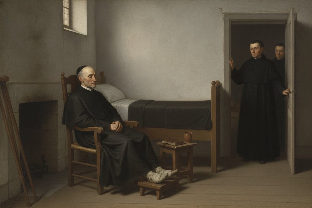 An old bald priest in a black soutane and skullcap sleeps upright in a wooden armchair in a bare grey room, his bandaged feet on a low stool, with crutches against the wall, a narrow bed behind him, and two men in black cassocks watching from an open doorway.
