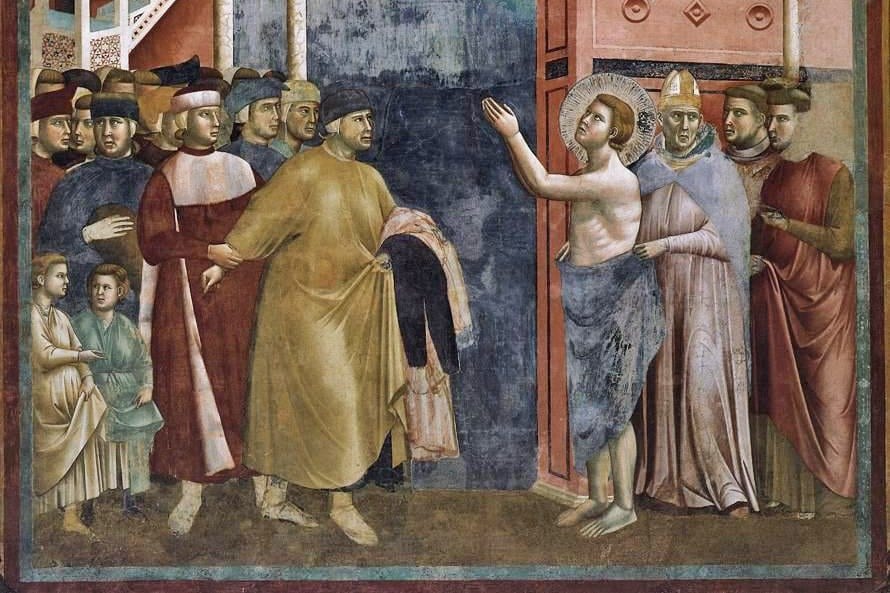 In a fresco, a half-clothed young man with a halo raises his hand to heaven while an angry father in a yellow robe, holding the bundled clothes, is pulled back by a man in red; a bishop shelters the young man with his cloak, and townspeople look on.