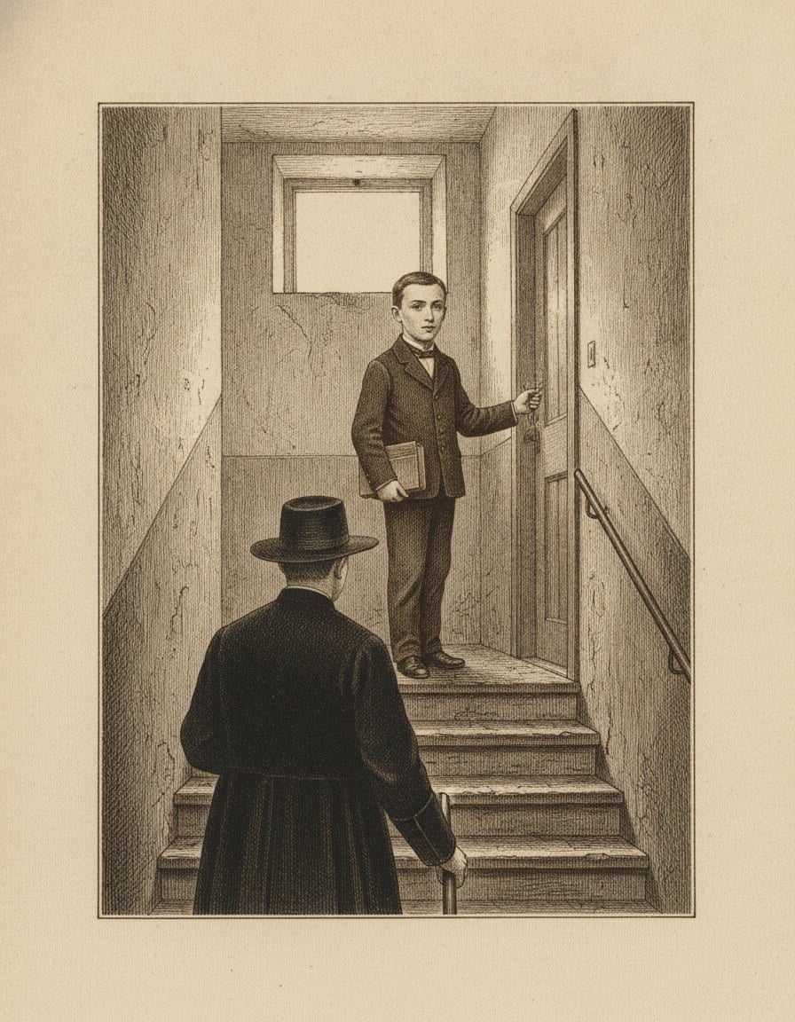 An engraving in sepia ink of a boy in a dark jacket and bow cravat, a book under his arm, standing at a door at the top of a narrow plaster stairwell and looking back at a priest in a black cassock and broad-brimmed hat who climbs the stairs below him, seen from behind.