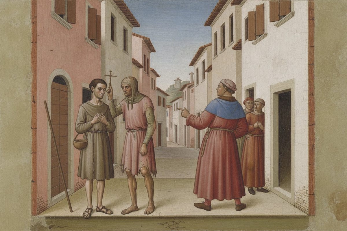 A painting in the style of an early Italian fresco shows a street of pink and white houses. A thin young man in a plain grey-brown tunic, with a staff and a bowl, stands with his hands joined while a ragged barefoot old man raises a small cross over his head. A stout man in a red gown and blue mantle points at them, and two townspeople watch.