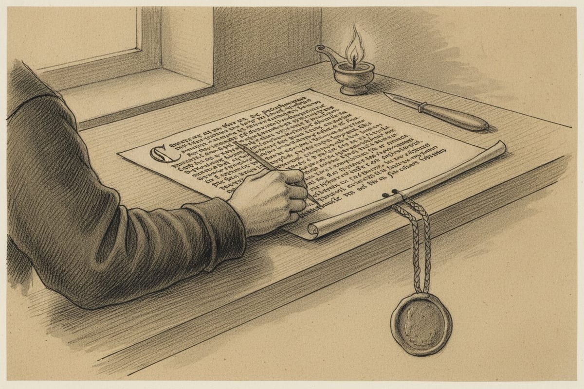 A sepia drawing of a clerk's hand in a dark wool sleeve writing on a wide parchment sheet covered in dense medieval script. A braided cord runs from the foot of the sheet to a round seal hanging over the table edge, and a small oil lamp burns beside a knife near a window.