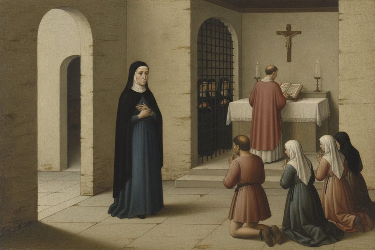 A painting in an early Renaissance style shows a woman in a dark blue gown and black veil standing alone at the back of a small stone church, while townspeople kneel before a priest at the altar and nuns watch from behind an iron grille.