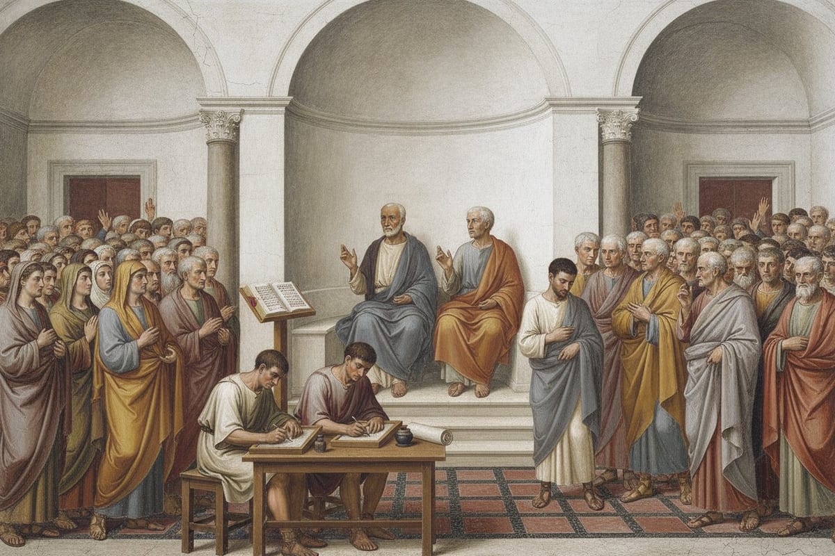 A painting in the manner of a fresco of a Roman basilica with round arches. At the centre of the apse an old, white-bearded man in a blue-grey cloak sits on a stone bench with one hand raised, beside another elderly seated man in orange. A younger dark-bearded man stands forward on the right with his head lowered, two scribes write on tablets at a table in front, a book lies open on a lectern, and a crowd of men and veiled women, some with raised hands, fills both sides of the nave.
