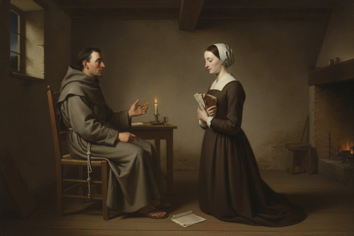 An oil painting of a candlelit stone room in which a young woman in a dark brown gown, white collar and linen coif kneels holding a prayer-book stuffed with written sheets, while a seated friar in a grey habit and knotted cord speaks to her, one loose sheet lying on the floorboards.