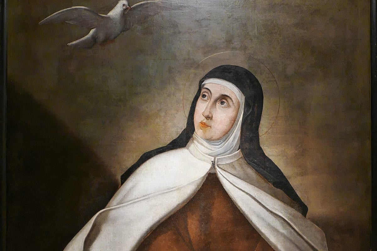 A Carmelite nun in a white mantle and black veil, with a faint gold halo, looks upward toward a white dove in flight against a dark, golden-brown background.