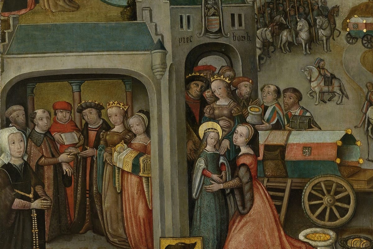 Painting of a crowned king and queen giving a swaddled infant to a Thuringian envoy in an arched hall, and, beside it, a small haloed girl in a green gown held by a kneeling woman in red near a wagon and bags of coins.