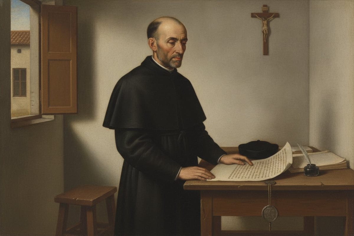 A painting of a balding, grey-bearded priest in a black cassock standing in a bare whitewashed room, one hand resting on a sheet of parchment on a wooden table from which a round lead seal hangs on a cord, with a biretta, inkwell and quill beside it and a crucifix on the wall.