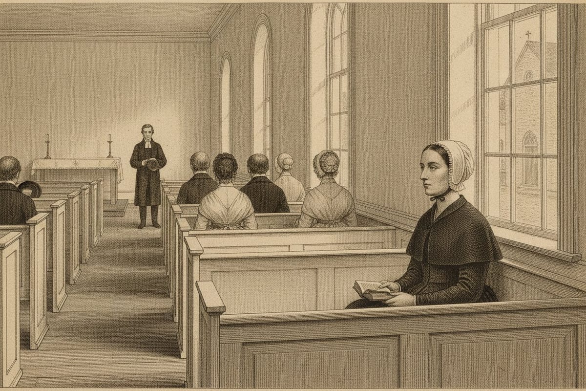 A sepia engraving of a plain church interior with white box pews and tall clear windows, where a young widow in a black cape and white cap sits alone in a side pew with a book in her hands, her face in profile turned toward the window, while the rest of the congregation faces a distant table.