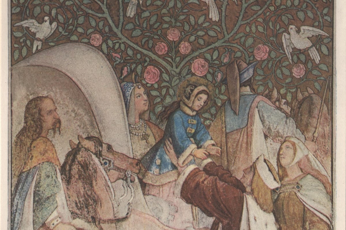 In a fresco, a small girl in a blue fur-trimmed coat and a haloed bonnet is handed down from a covered wagon by richly dressed adults, beneath a vine of roses and white doves.