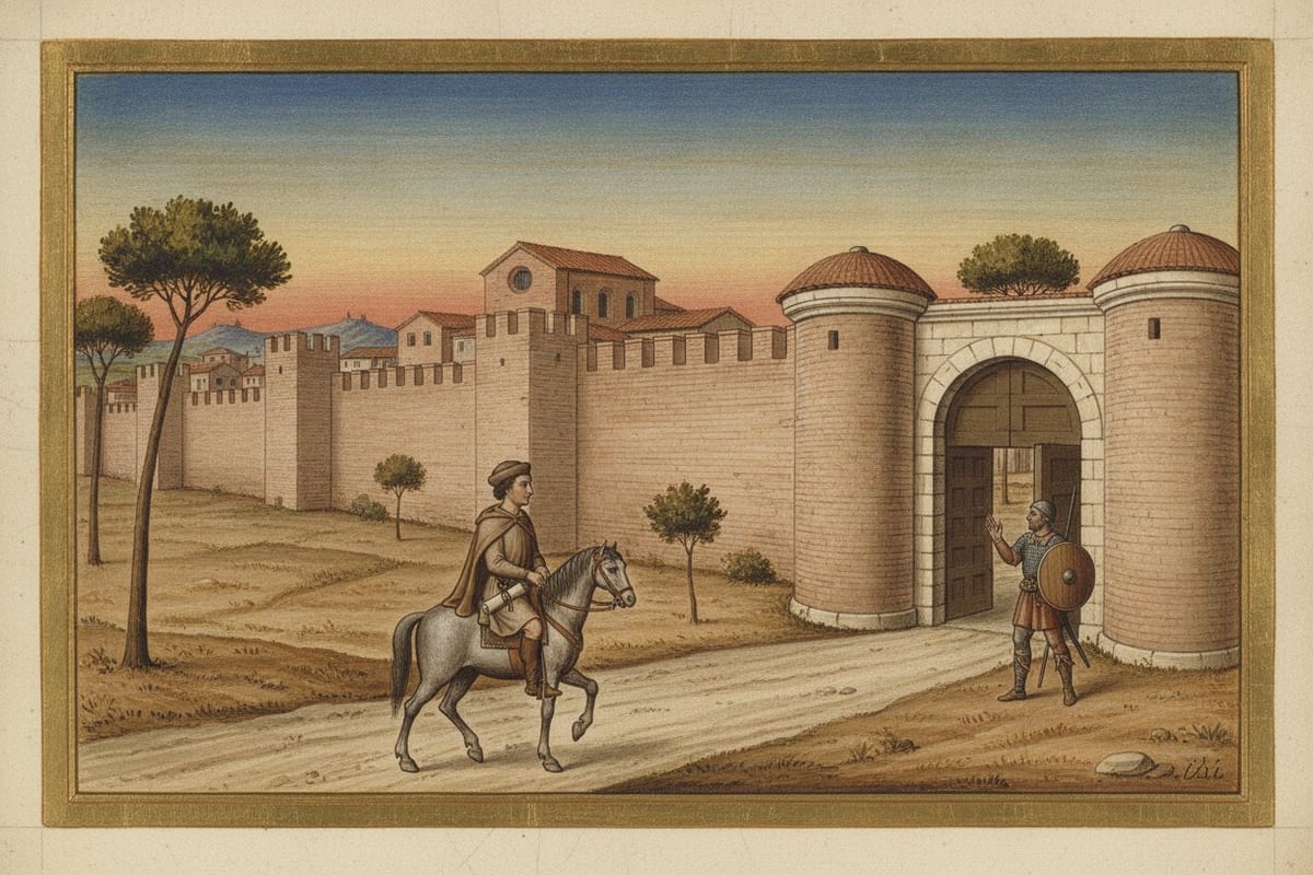 An illuminated miniature in a gilt frame showing a rider on a grey horse approaching an arched gate between two round brick towers in a long crenellated wall, where a soldier with a round shield raises a hand to greet him, under an evening sky.