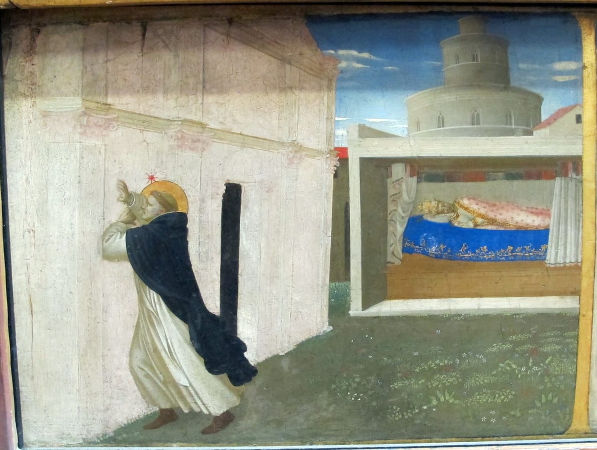A friar in a black-and-white habit, haloed, braces his shoulder and raised arm against a tall column-like beam outside a Roman basilica, while at right a crowned pope sleeps in a curtained bed beneath a round tower under a blue sky.