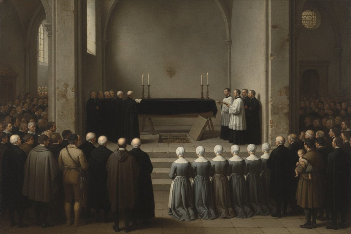 In a bare stone church, a crowd seen from behind watches priests in black and white surplices stand around a coffin under a black pall beside an open grave in the floor, as a row of women in grey habits and small white caps kneels at the chancel step.