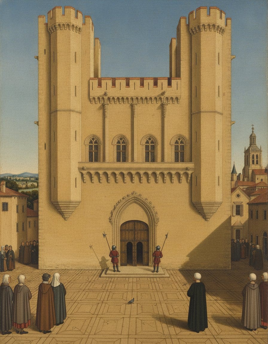 A painting in the fifteenth-century manner of a tall pale-ochre Gothic palace with crenellated towers and a shut pointed doorway, two red-jacketed guards with halberds on the step, and small cloaked townspeople waiting across a paved square under a clear blue sky.